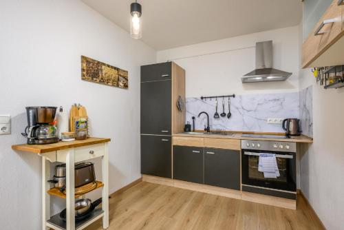 uma cozinha com um lavatório e um fogão em Arbio I Spacious Apart near Auensee em Leipzig