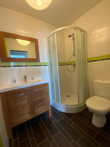 une salle de bain avec une douche, des toilettes et un lavabo dans l'établissement Mer en Vue - 2 Chambres- 4 Personnes, à Fécamp