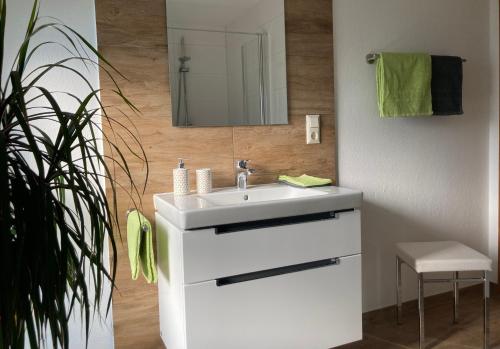 a bathroom with a white sink and a mirror at Fewo Vulkaneifel in Tettscheid
