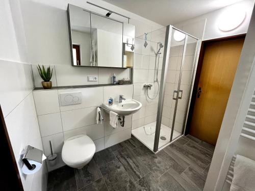 a bathroom with a shower toilet and a sink at Fewo Ziemer 2 in Piding