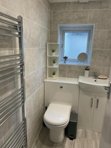 een badkamer met een toilet, een wastafel en een raam bij 2 Bedroom serviced apartment in Londen