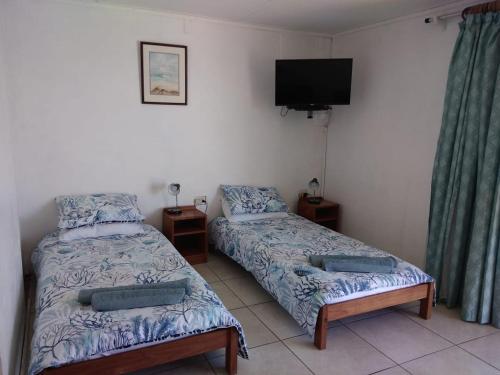 a bedroom with two beds and a tv on the wall at Whispering Waves in Bazley Beach