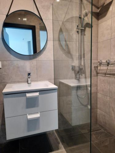 a bathroom with a sink and a mirror and a shower at Apartament nad jeziorem Bory Tucholskie Charzykowy in Charzykowy