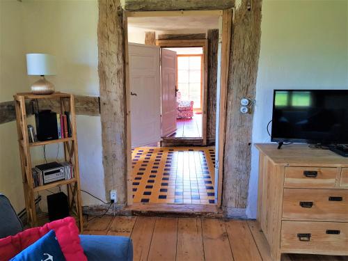 a living room with a tv and a wooden floor at Fischerhus Lütt Hauke 75 qm Annerose in Altwarp