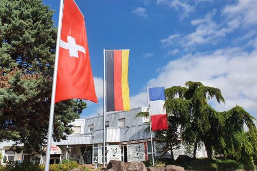 three flags are flying in front of a building at Sport Hotel Kenzingen inklusive Schwimmbad, Sauna und Frühstück nähe Europa-Park in Kenzingen
