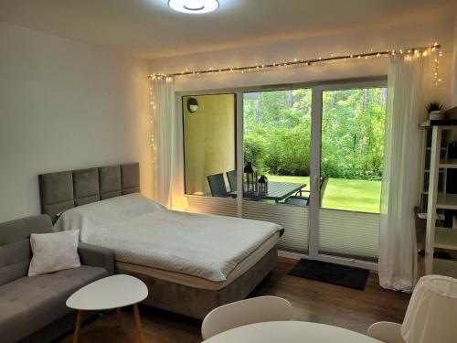 a bedroom with a bed and a couch and a window at Apartament 15 z ogródkiem - Pogorzelica in Pogorzelica