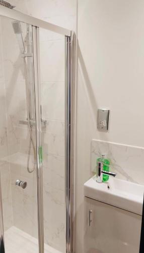 a bathroom with a shower and a sink at Old Green Lantern, Private En-suite Double Bedroom in Aveley