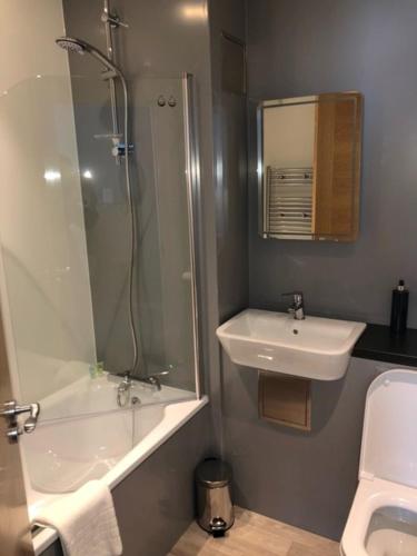 a bathroom with a sink and a shower and a toilet at Loch Lomond Hotel in Balloch