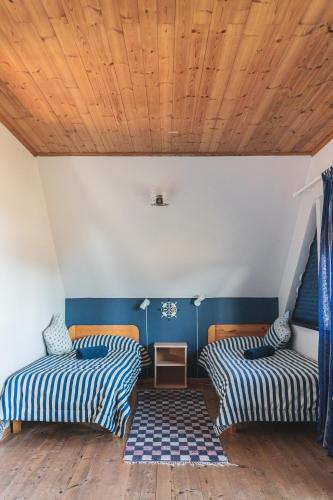 two beds in a room with blue walls and wooden ceilings at Tiiupesa Guest House in Hellamaa