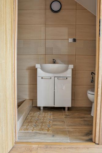 a bathroom with a sink and a toilet at Farma Serock in Serock