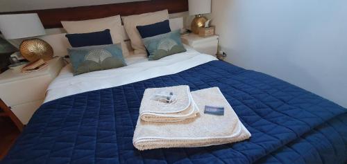 a bedroom with a blue bed with a towel on it at Le Noroit Chambres d'Hôtes in Fouras