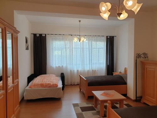 維也納的住宿－樓鮑公寓，客厅配有床和沙发