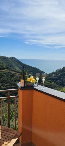 a table with two glasses of wine on a balcony at ☆ Terrace & Relax ☆ CASA FRANCESCHIN_ HOMY 5 TERRE in Riomaggiore