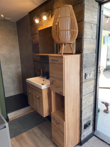 a bathroom with a sink and a vanity with a lamp at Tiny House in Westdorpe