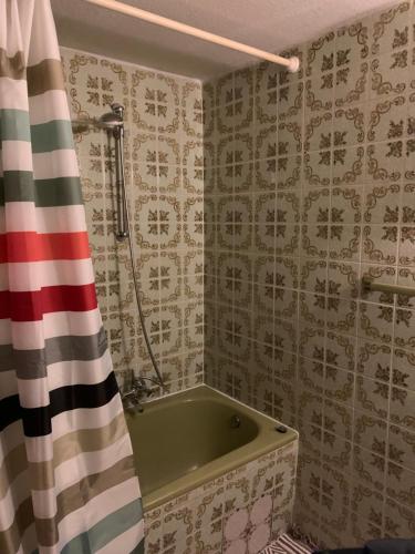 a bathroom with a tub and a shower curtain at Ferienwohnung Lara in Ludwigswinkel