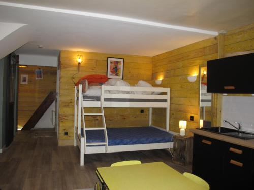 a bedroom with two bunk beds in a room at Appartement T1 bis cosy avec patio 17 BIS in Tourbes