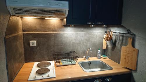 encimera de cocina con fregadero y fogones en Appartement dans ancienne maison pyrénéenne., en Cadéac