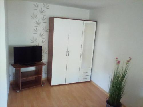 um quarto com um armário branco e uma televisão em Ferienwohnung Fritz em Groß Vollstedt