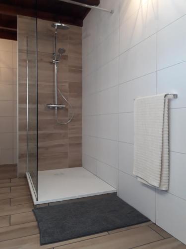 a shower with a glass door in a bathroom at Chambres d'hôte des 3 Marches in Lamoura