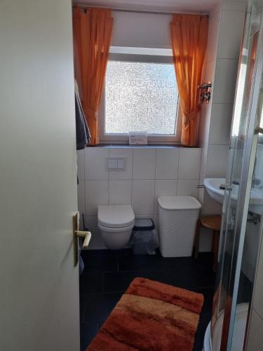 ボルクムにあるHaus-Dortmundの小さなバスルーム(トイレ、窓付)が備わります。