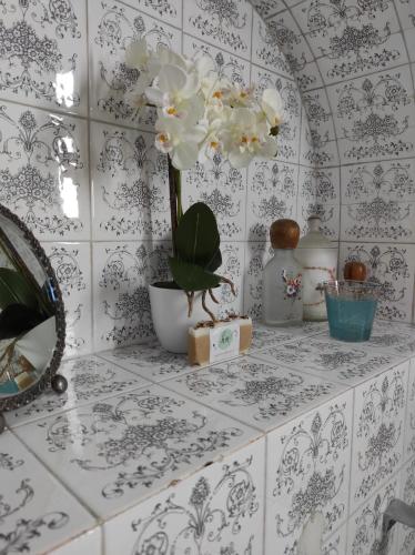 a shelf with white and black wallpaper with a plant on it at Casa d`Avó Ná in Termas de Sao Pedro do Sul