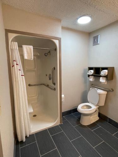 a bathroom with a shower and a toilet at Red Roof Inn LaGrange in La Grange