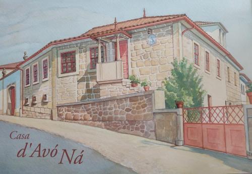 a painting of a stone house with a red door at Casa d`Avó Ná in Termas de Sao Pedro do Sul