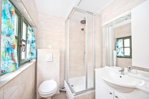 a bathroom with a shower and a sink and a toilet at Domek przy stoku in Lądek-Zdrój