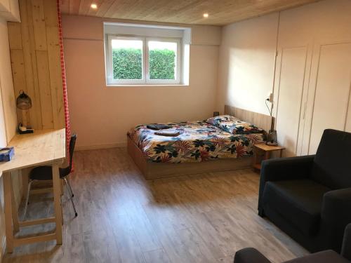 a bedroom with a bed and a window at T2 Rdc, jardin, calme, parking, idéalement placé in Issoire