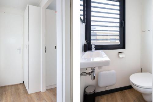 a white bathroom with a toilet and a sink at Welcome in - Houseboat 'de Valreep' met tuin - Sneek - Offingawier in Offingawier