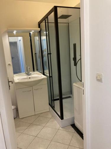 ラ・ロシェルにあるAppartement 6 places à 200m de l'océanのシャワー、洗面台、鏡を備えたバスルーム