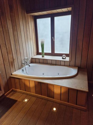 una vasca da bagno in una stanza con finestra di Le gîte l'écureuil a Malmedy