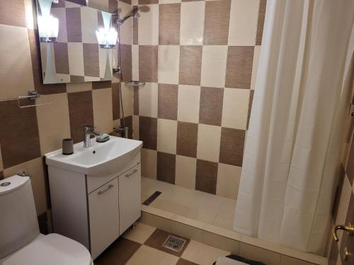 uma casa de banho com um WC, um lavatório e um chuveiro em Apartment Rose Mamaia Nord Summerland em Mamaia