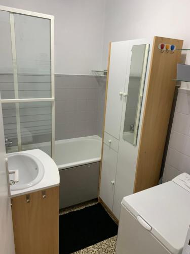 een badkamer met een wastafel, een toilet en een douche bij Petite escapade à la Picardière in Fort-Mahon-Plage