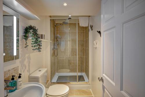 a bathroom with a shower and a toilet and a sink at NEW Grade 2 historic flat in the heart of Chester in Chester