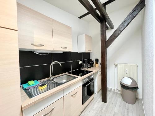 eine kleine Küche mit einer Spüle und einem Herd in der Unterkunft Komfortables Apartment nahe Hafen in Wismar