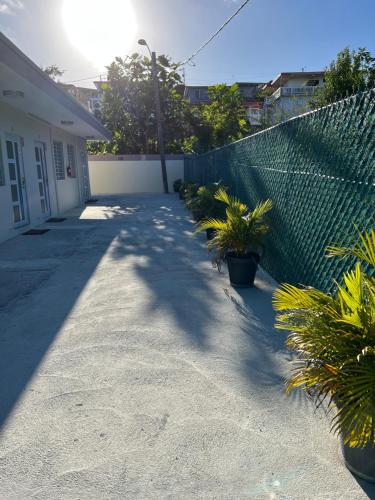 un trottoir avec des plantes à côté d'une clôture dans l'établissement Palmas View Premium 5, à Candelero Arriba