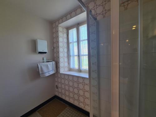 uma casa de banho com um chuveiro e uma janela em Gîte Aigurande, 2 pièces, 5 personnes - FR-1-591-1 em Aigurande