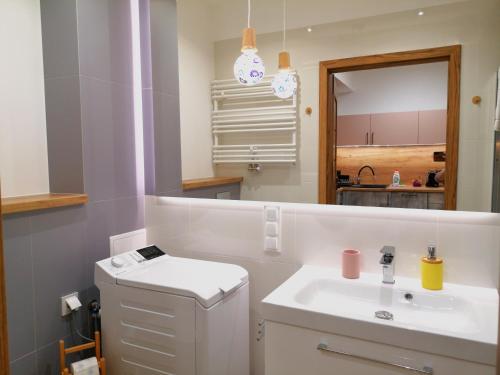 y baño con lavabo, aseo y espejo. en Apartament Pod Papugami Karpatia Resort, en Karpacz