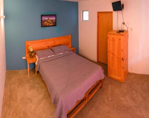 1 dormitorio con 1 cama grande y vestidor de madera en Samay77 Ica, en Ica