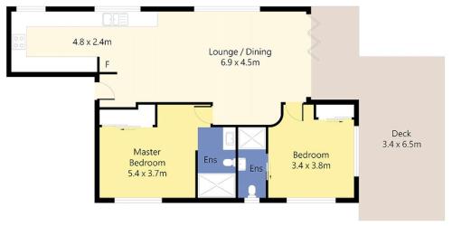 a floor plan of a house at Lovely 2bd Unit, Patio and views. Best weekly rate in Alexandra Headland