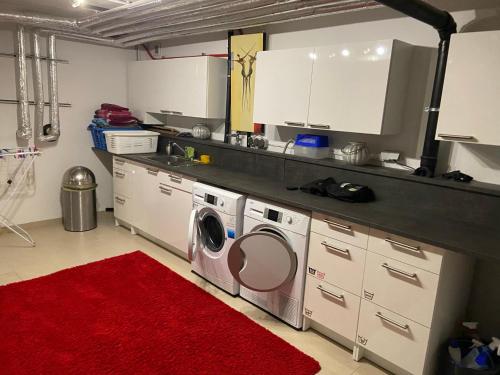 a kitchen with a washing machine and a red rug at Ferienwohnung I Ferienhaus am Bodensee I Meersburg I Sauna I Fitness in Meersburg