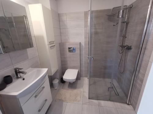 W łazience znajduje się prysznic, umywalka i toaleta. w obiekcie Apartament Julia w Kołobrzegu