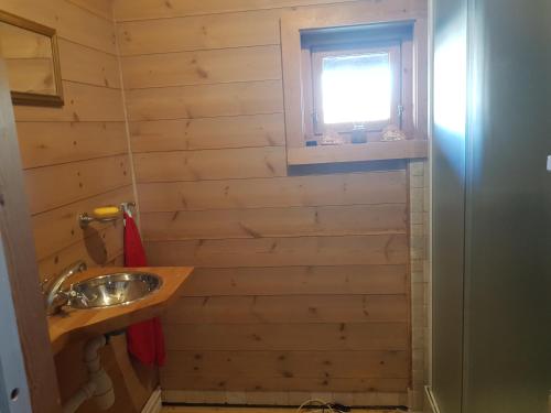 La salle de bains est pourvue d'un lavabo et d'une fenêtre. dans l'établissement Fredelig plass for rekreasjon, à Krøderen