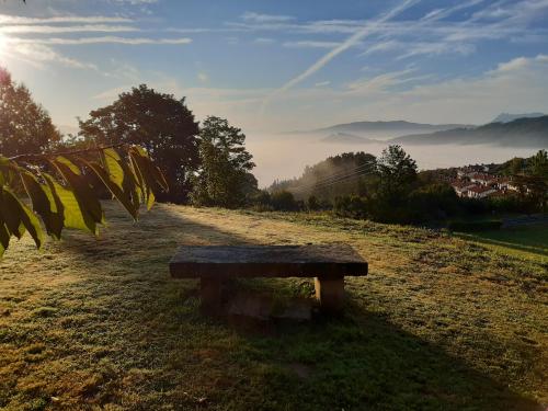 a bench sitting in a field with a view at B&B Eguzkitza in Elgeta