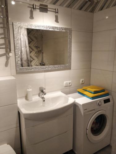 ein Badezimmer mit einem Waschbecken und einer Waschmaschine in der Unterkunft Studio COMFORT on Golovna street in Czernowitz