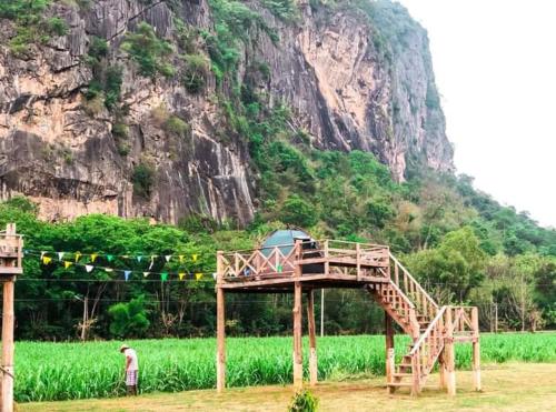 un pont en bois dans un champ près d'une montagne dans l'établissement ภูผาม่านห่มดาวแคมป์, à Ban Huai Hai