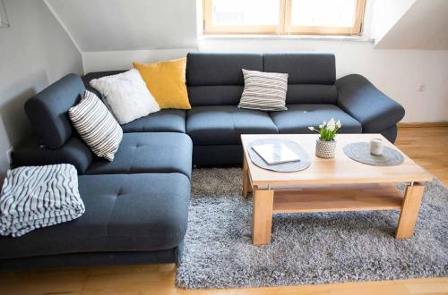 a living room with a blue couch and a coffee table at Fewo Karoli in Waldkirchen
