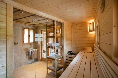 a sauna with wooden walls and a glass shower stall at Villa Rosen der Villa Liechtenstein in Altaussee