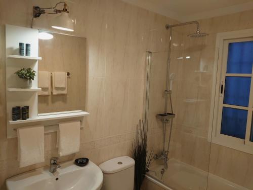 un bagno con lavandino, doccia e WC di Carmen Rooms -- Boutique B&B by the sea a Nerja